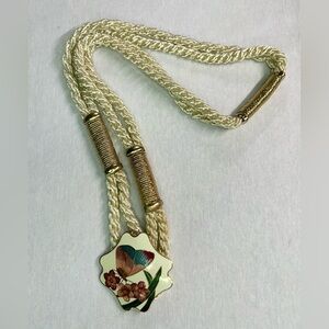 🦋 VTG 1980s Ivory Silk Rope Belt w/ Floral & Butterfly Accents